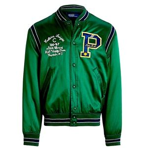 🏀 POLO RALPH LAUREN Men's Forest Green Satin Letterman Varsity Jacket size M